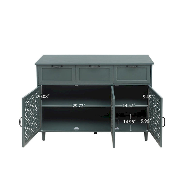 Buffet avec tiroirs et portes sculptées vert foncé et bleu