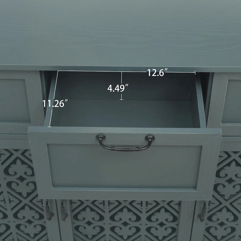 Buffet avec tiroirs et portes sculptées vert foncé et bleu
