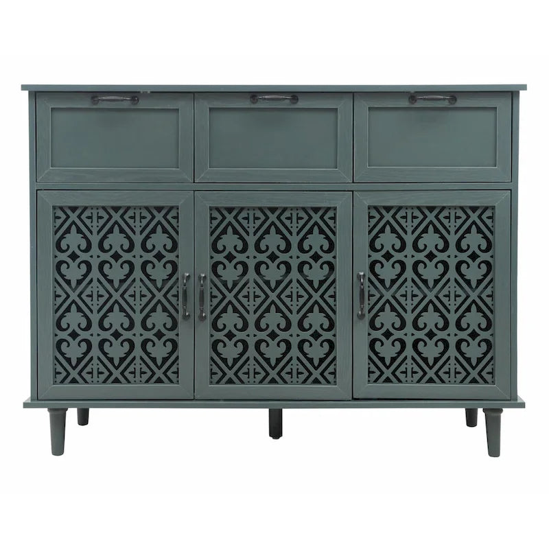 Buffet avec tiroirs et portes sculptées vert foncé et bleu