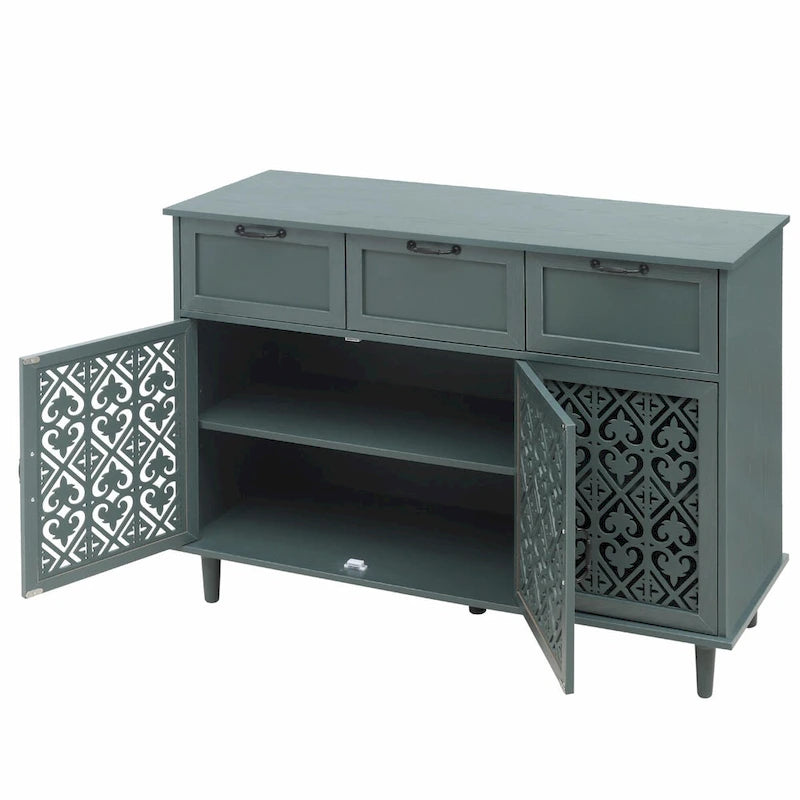 Buffet avec tiroirs et portes sculptées vert foncé et bleu