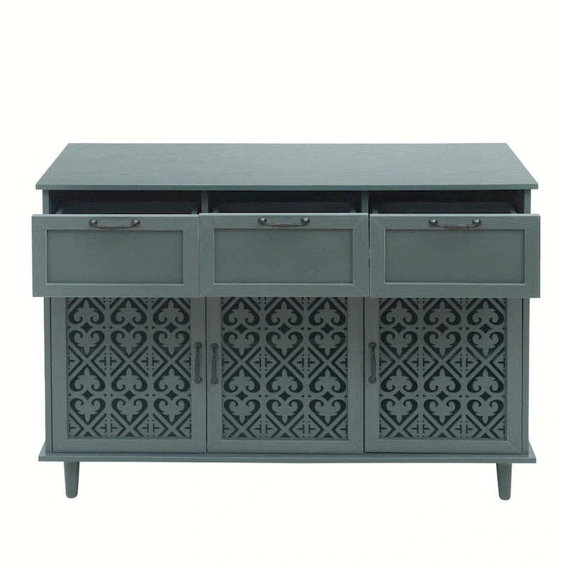 Buffet avec tiroirs et portes sculptées vert foncé et bleu