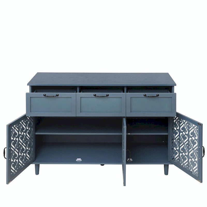 Buffet avec tiroirs et portes sculptées vert foncé et bleu