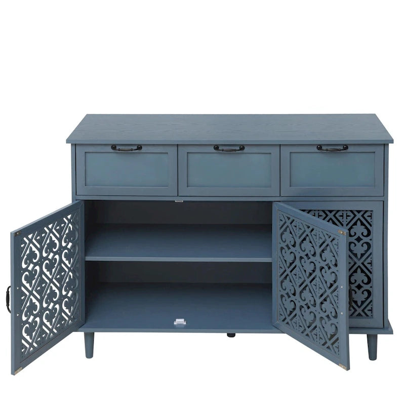 Buffet avec tiroirs et portes sculptées vert foncé et bleu