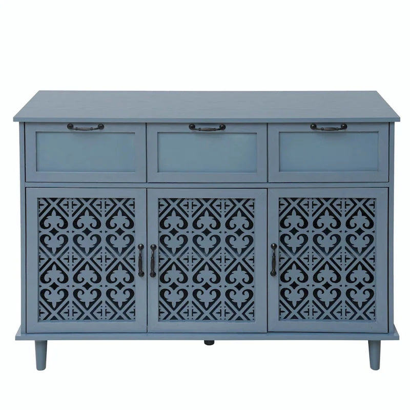 Buffet avec tiroirs et portes sculptées vert foncé et bleu