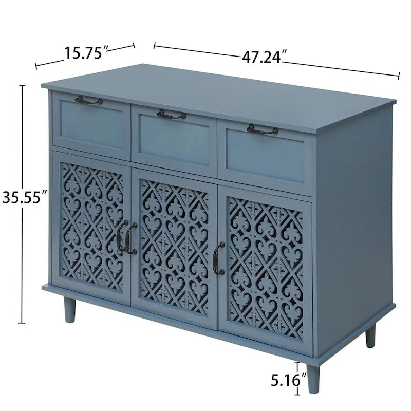 Buffet avec tiroirs et portes sculptées vert foncé et bleu