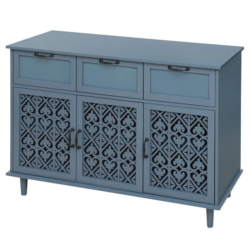 Buffet avec tiroirs et portes sculptées vert foncé et bleu