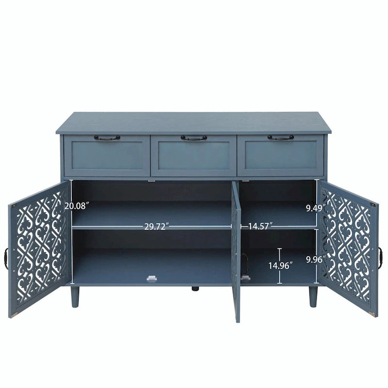 Buffet avec tiroirs et portes sculptées vert foncé et bleu