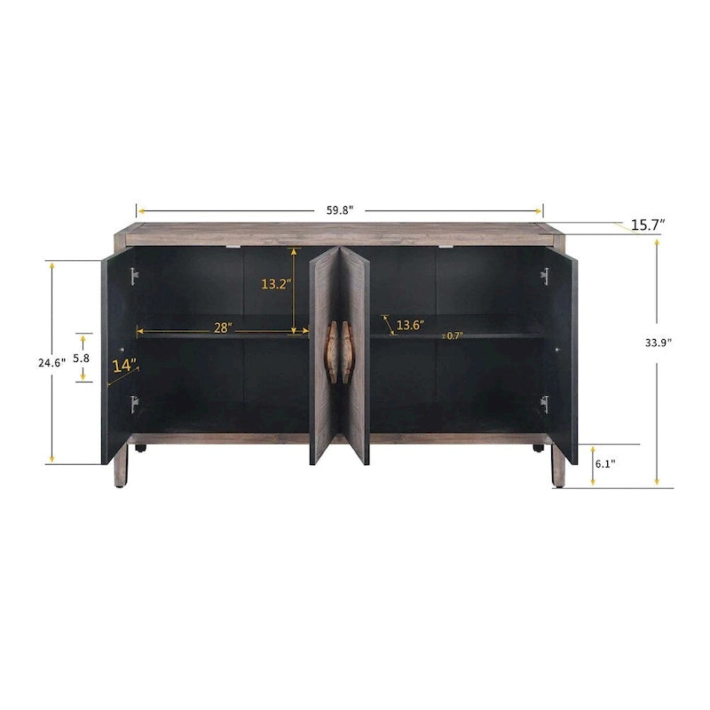 Buffet 4 portes marron antique avec poignées florales sculptées