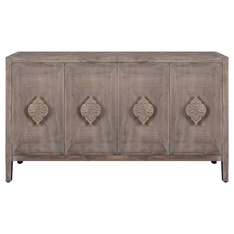 Buffet 4 portes marron antique avec poignées florales sculptées