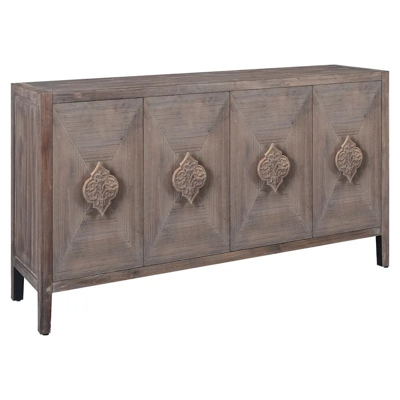 Buffet 4 portes marron antique avec poignées florales sculptées