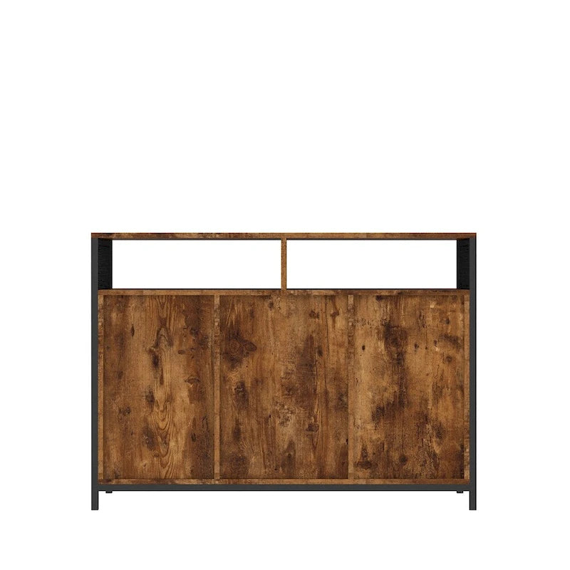 Buffet en bois brun rustique avec étagères ouvertes et cadre en acier