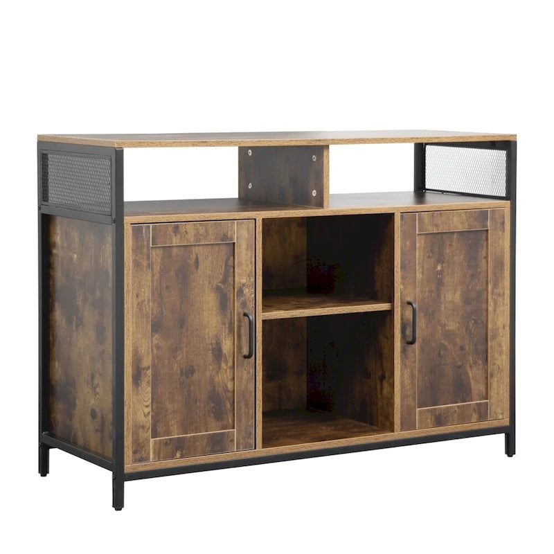 Buffet en bois brun rustique avec étagères ouvertes et cadre en acier