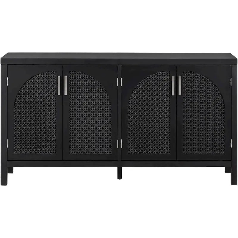 Buffet Rangement 4 Portes en Rotin Synthétique avec Étagères Réglables Gris Noir Blanc