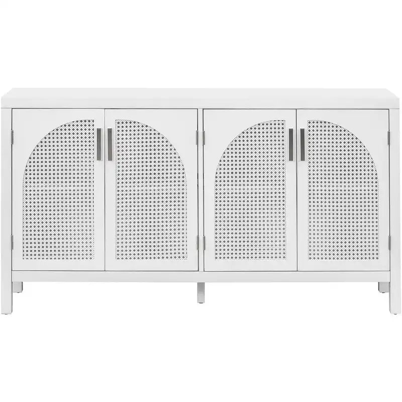 Buffet Rangement 4 Portes en Rotin Synthétique avec Étagères Réglables Gris Noir Blanc