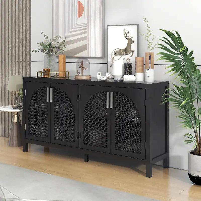 Buffet Rangement 4 Portes en Rotin Synthétique avec Étagères Réglables Gris Noir Blanc
