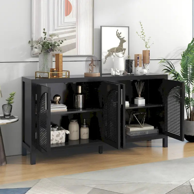 Buffet Rangement 4 Portes en Rotin Synthétique avec Étagères Réglables Gris Noir Blanc
