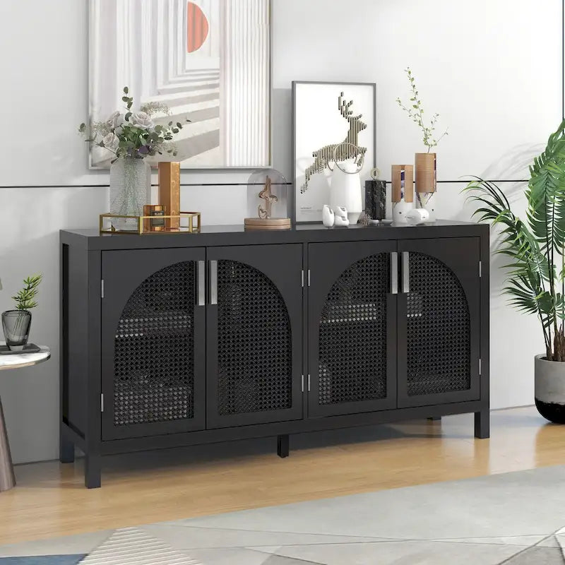 Buffet Rangement 4 Portes en Rotin Synthétique avec Étagères Réglables Gris Noir Blanc