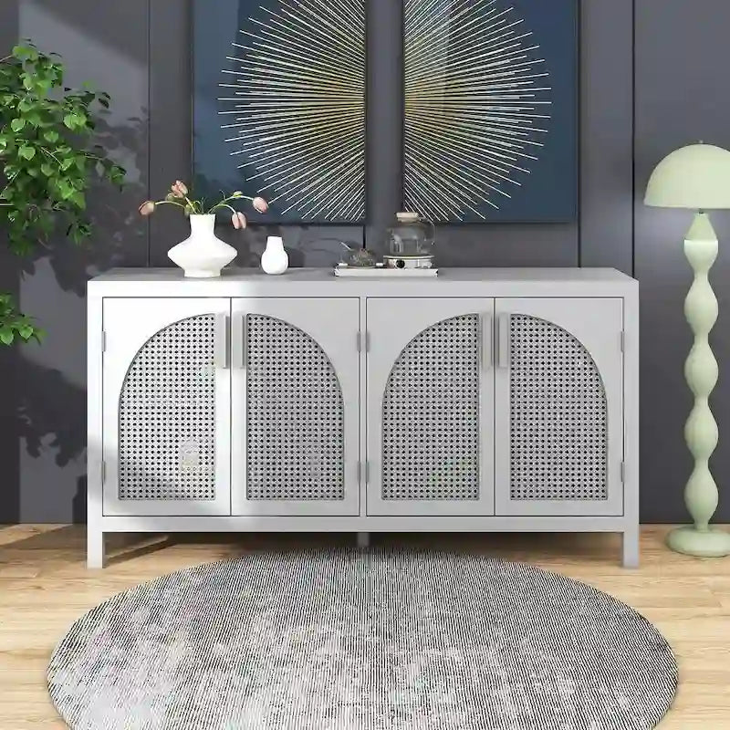 Buffet Rangement 4 Portes en Rotin Synthétique avec Étagères Réglables Gris Noir Blanc