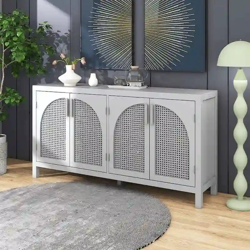 Buffet Rangement 4 Portes en Rotin Synthétique avec Étagères Réglables Gris Noir Blanc