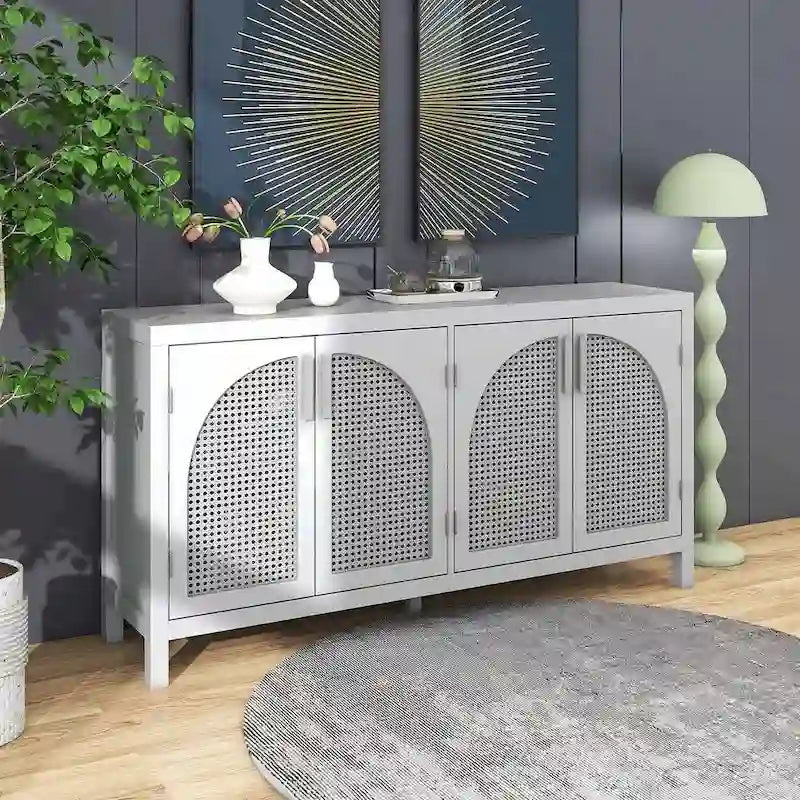 Buffet Rangement 4 Portes en Rotin Synthétique avec Étagères Réglables Gris Noir Blanc