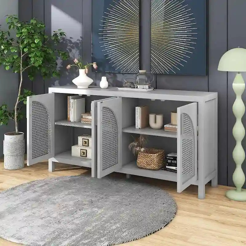 Buffet Rangement 4 Portes en Rotin Synthétique avec Étagères Réglables Gris Noir Blanc