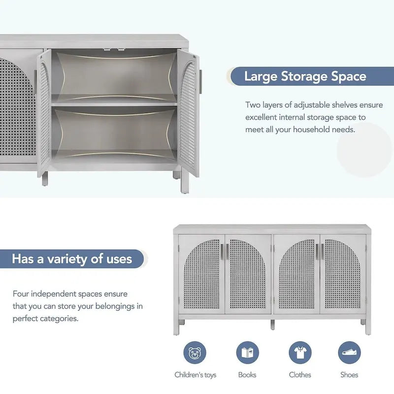 Buffet Rangement 4 Portes en Rotin Synthétique avec Étagères Réglables Gris Noir Blanc