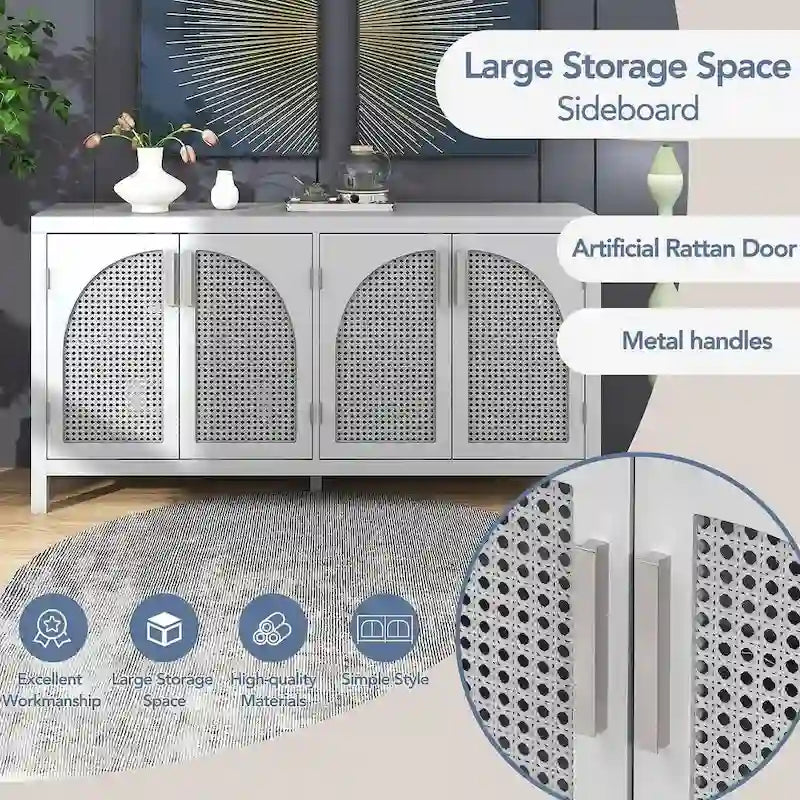 Buffet Rangement 4 Portes en Rotin Synthétique avec Étagères Réglables Gris Noir Blanc