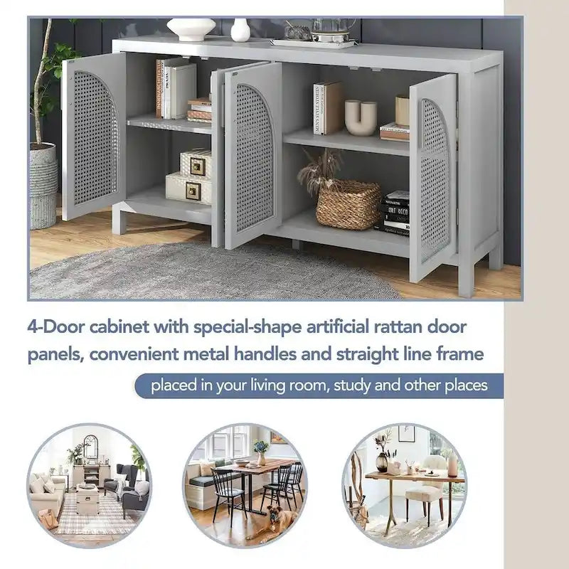 Buffet Rangement 4 Portes en Rotin Synthétique avec Étagères Réglables Gris Noir Blanc