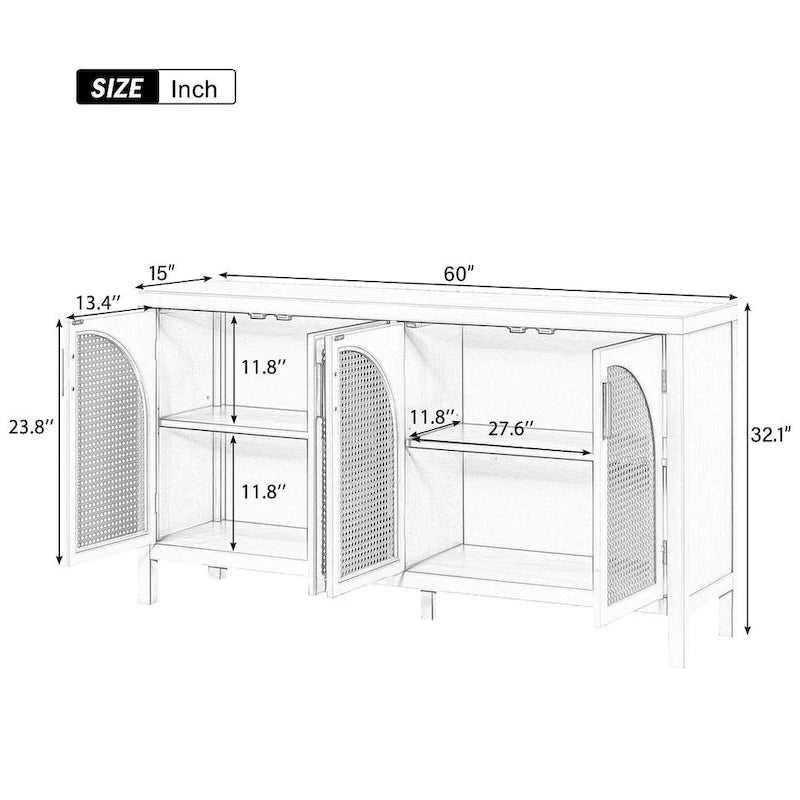 Buffet Rangement 4 Portes en Rotin Synthétique avec Étagères Réglables Gris Noir Blanc