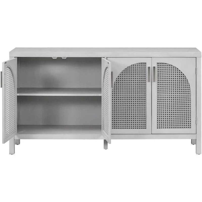 Buffet Rangement 4 Portes en Rotin Synthétique avec Étagères Réglables Gris Noir Blanc