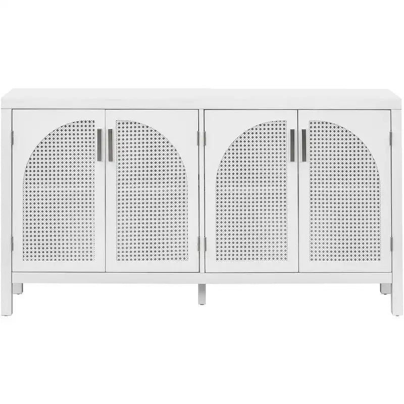 Buffet Rangement 4 Portes en Rotin Synthétique avec Étagères Réglables Gris Noir Blanc