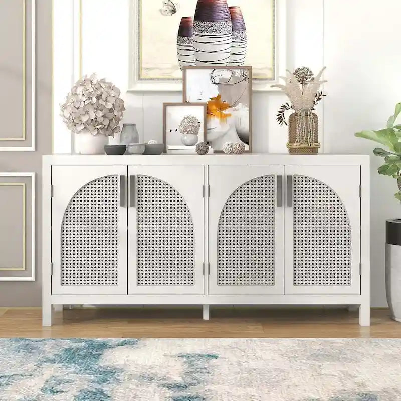 Buffet Rangement 4 Portes en Rotin Synthétique avec Étagères Réglables Gris Noir Blanc