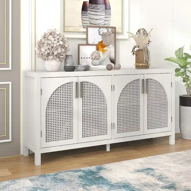 Buffet Rangement 4 Portes en Rotin Synthétique avec Étagères Réglables Gris Noir Blanc