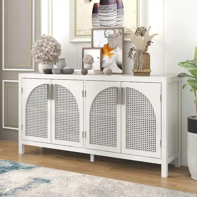Buffet Rangement 4 Portes en Rotin Synthétique avec Étagères Réglables Gris Noir Blanc