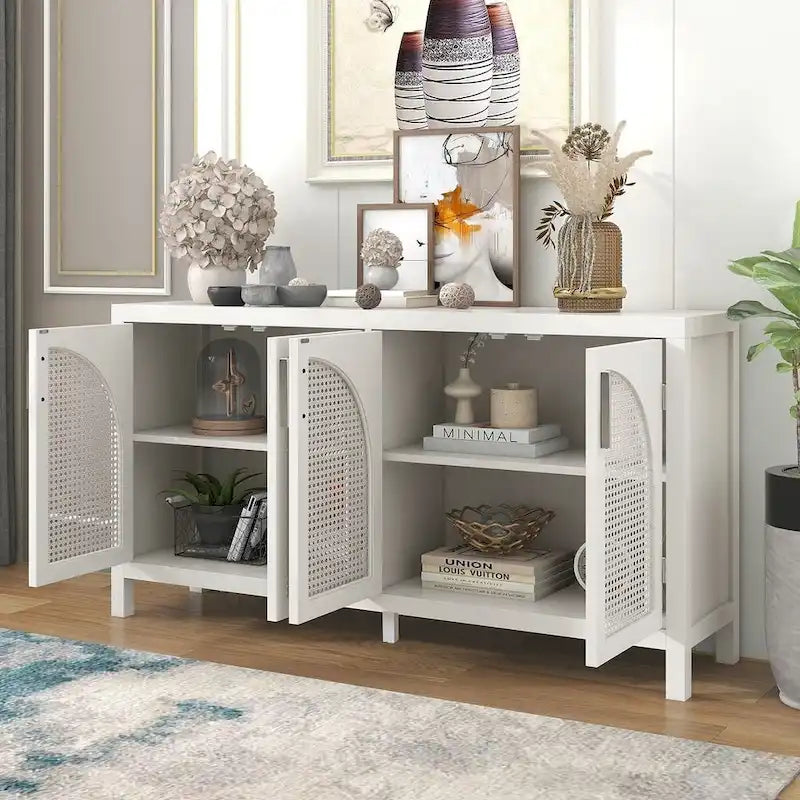 Buffet Rangement 4 Portes en Rotin Synthétique avec Étagères Réglables Gris Noir Blanc