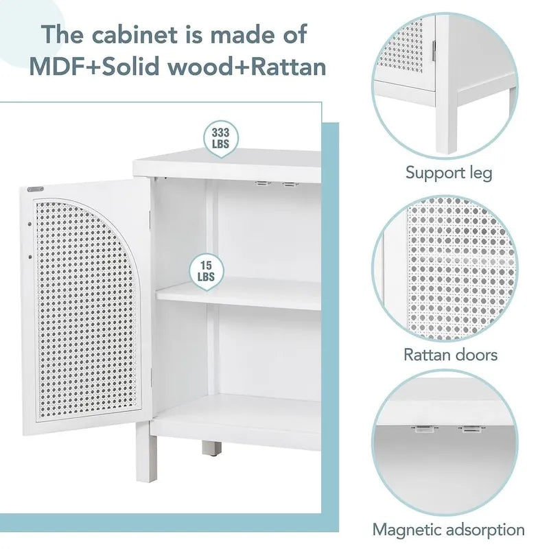 Buffet Rangement 4 Portes en Rotin Synthétique avec Étagères Réglables Gris Noir Blanc