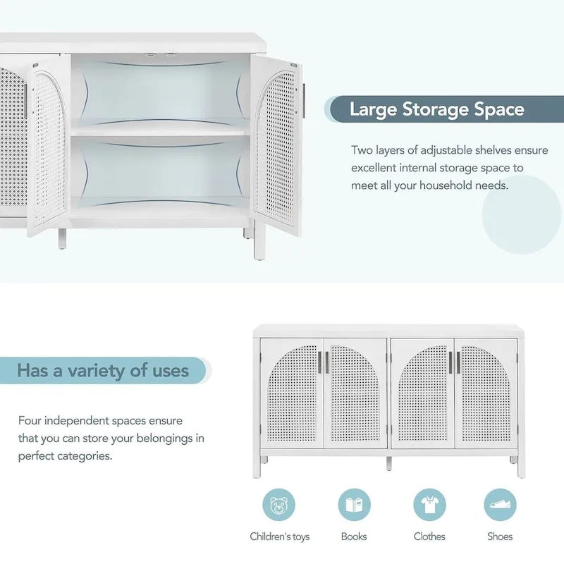 Buffet Rangement 4 Portes en Rotin Synthétique avec Étagères Réglables Gris Noir Blanc