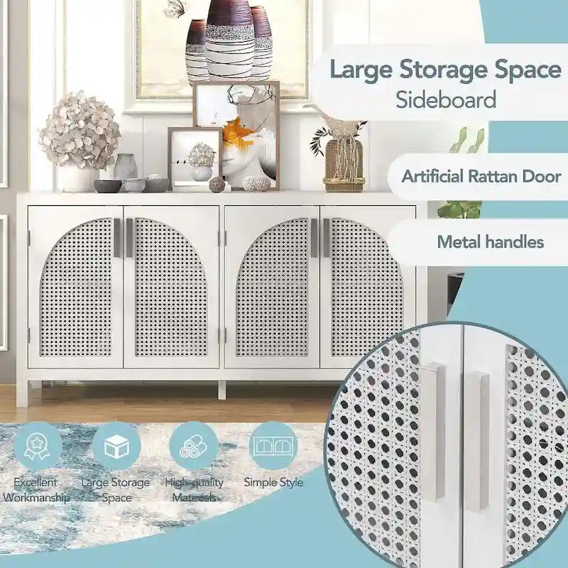 Buffet Rangement 4 Portes en Rotin Synthétique avec Étagères Réglables Gris Noir Blanc