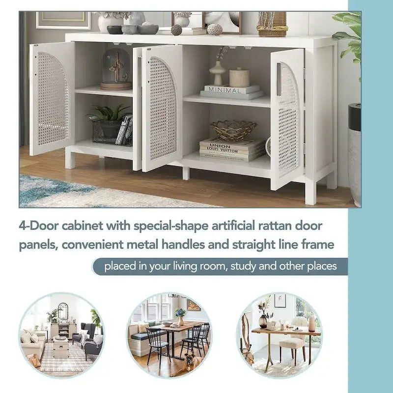 Buffet Rangement 4 Portes en Rotin Synthétique avec Étagères Réglables Gris Noir Blanc