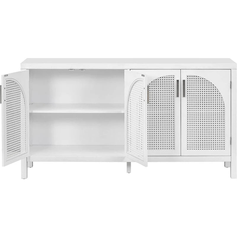 Buffet Rangement 4 Portes en Rotin Synthétique avec Étagères Réglables Gris Noir Blanc