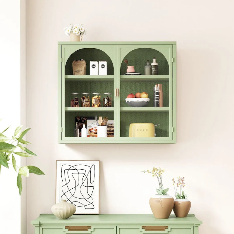 Meuble Mural à Deux Portes Vitrées Arches, Rangement Présentoir à Trois Niveaux Vert