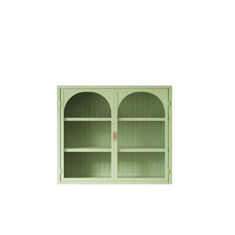 Meuble Mural à Deux Portes Vitrées Arches, Rangement Présentoir à Trois Niveaux Vert
