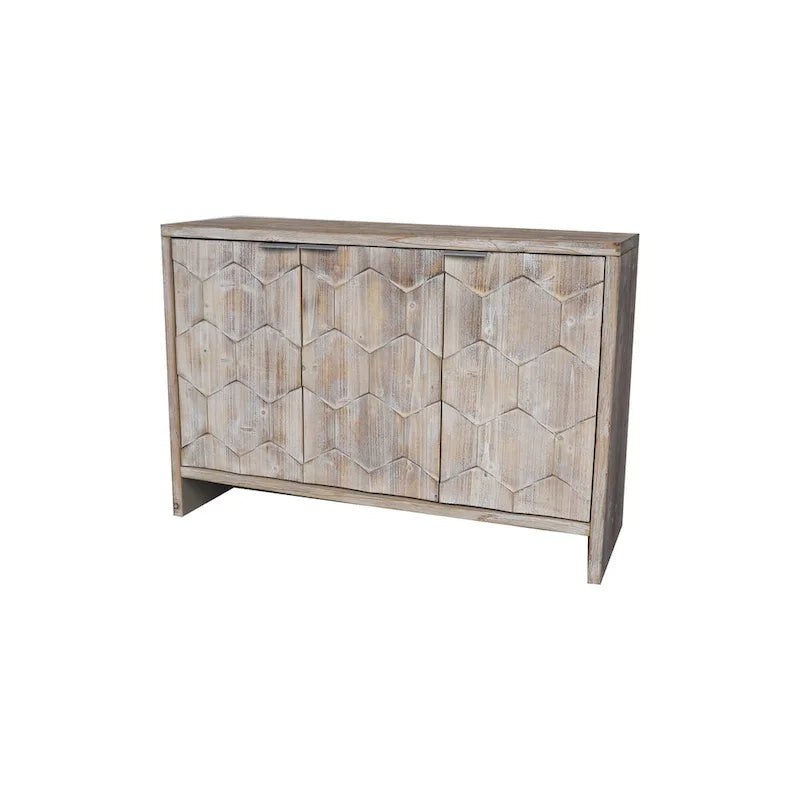 Buffet bas 3 portes avec motif hexagonal en bois naturel