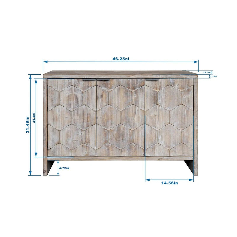 Buffet bas 3 portes avec motif hexagonal en bois naturel