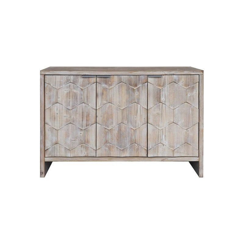 Buffet bas 3 portes avec motif hexagonal en bois naturel
