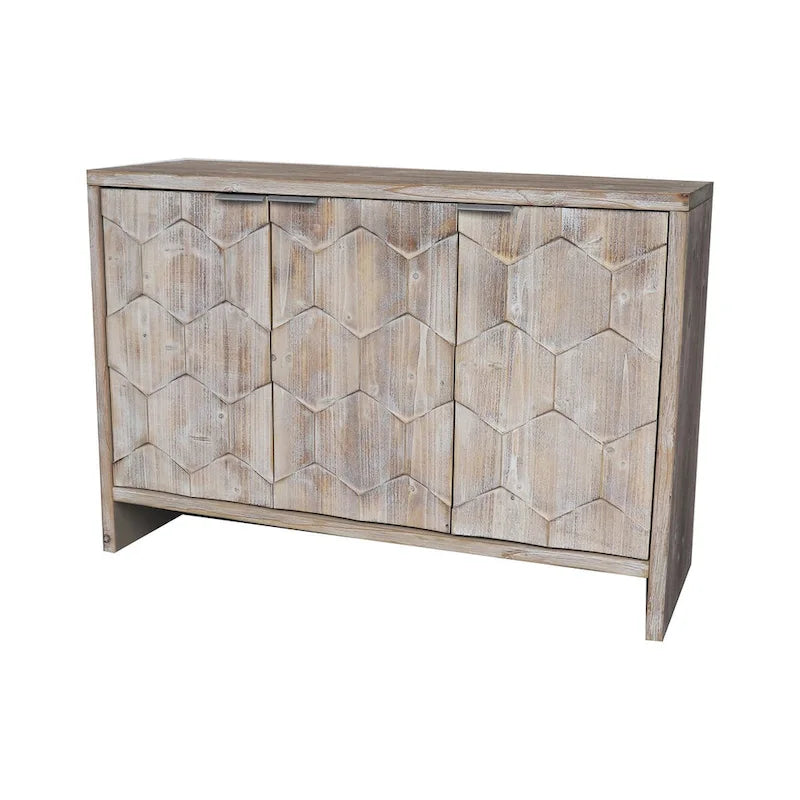 Buffet bas 3 portes avec motif hexagonal en bois naturel