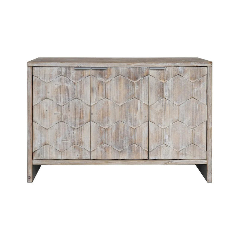 Buffet bas 3 portes avec motif hexagonal en bois naturel