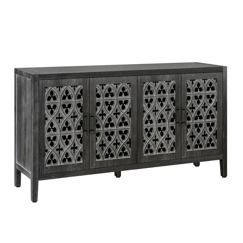 Buffet antique noir à quatre portes en bois ajouré avec détails floraux