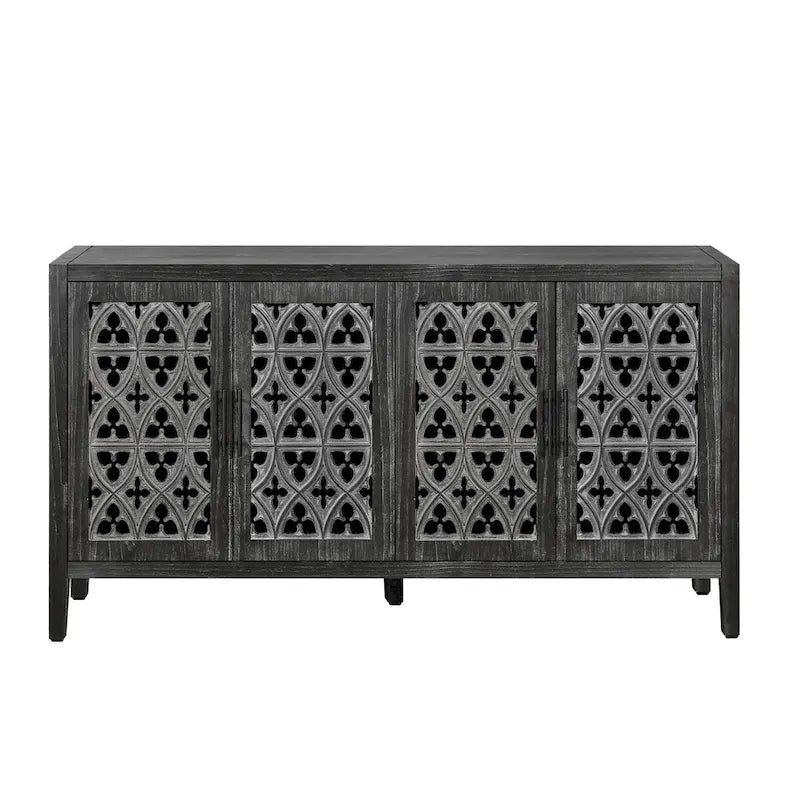 Buffet antique noir à quatre portes en bois ajouré avec détails floraux