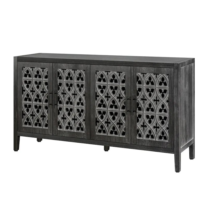 Buffet antique noir à quatre portes en bois ajouré avec détails floraux